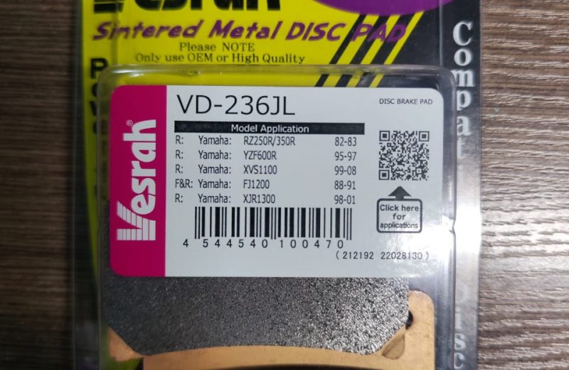 Колодки передние/задние Vesrah VD-236JL (YAMAHA FZ 600, FZR 600, FZ 750, FZR 750, XJ 600, YZF 600, XJ 750, Virago 700, Virago 750, V-Max 1200)