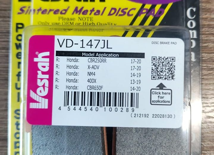 Колодки задние Vesrah VD-147JL (HONDA CB250F,  CBR250, Rebel250, VT250, CB400,  CB500,  CB650, CBR650,  NC700, NC750, XADV750/   YAMAHA  FZ6,  XJ6). 