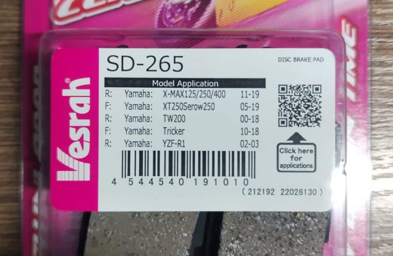 Колодки передние/задние Vesrah SD-265 (YAMAHA  X-MAX 125,  Tricker 250, Serow 250,  Majesty 250,  R6,  R1).