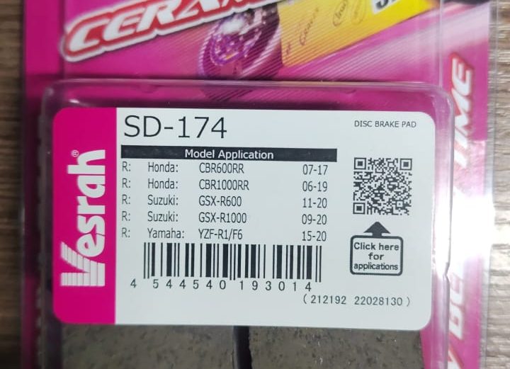 Колодки Задние Vesrah SD-174 (Hornet 600, CBR600, CB1000, CBR1000;    SUZUKI GSX-R600, GSX-R750, GSX-R1000, GSX-S1000;    YAMAHA R6, YZF-R1;   KAWASAKI  Ninja ZX-6R, Ninja ZX-10R, ZX636).