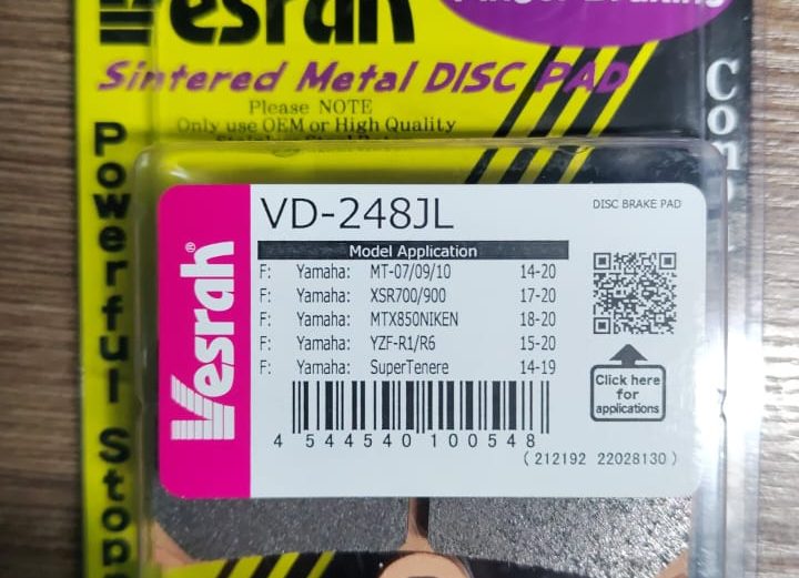 Колодки передние Vesrah VD-248JL (YAMAHA  XJR400, FZ6, YZF600, R6, FZ-07, MT-07, XSR700, Tracer 700, FZ8, Tracer 900, XSR900, MT-09, TDM900, FZ1, MT-10, R1, BT1100, Super Tenere, FJR1300, XJR1300, XV1500, XV1600, XV1700, XV1900, MT-01, NIKEN).