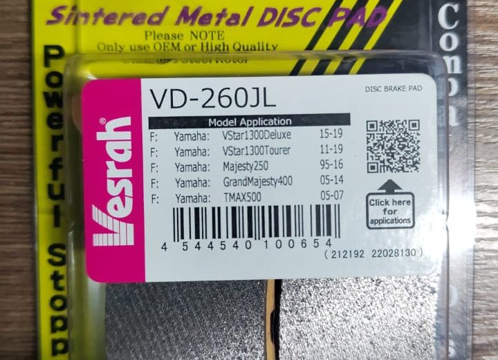 Колодки Передние Vesrah VD-260JL (YAMAHA Virago 250, Drag Star DS250, Drag Star 1100, V Star 1100, V Star 1300, Majesty 250, Majesty 400, XJR400, T MAX, FZ6, XJ6, MT-03).