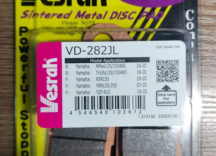 Колодки Передние/Задние Vesrah VD-282JL (YAMAHA, JOG 100, Cygnus RAY ZR, Cygnus Z, N Max 125, N Max155, MIO, Tricity 125, TRICITY 155).