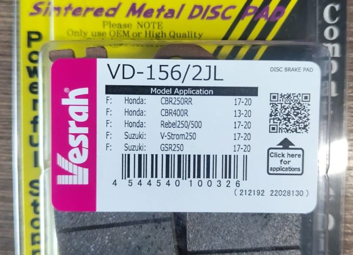 Колодки Передние/Задние Vesrah VD-156/2JL (HONDA CBR250, Rebel250, CB400, CBR400, Shadow 400, CB500, CBF500, CBR500, Rebel 500, CTX700, NC700, NC750, CBF1000, CBR1000, VT1100, VT1300, VTX1300, SUZUKI V-Strom 250, GSR250, GSX250, GSF600, YAMAHA MT-01)