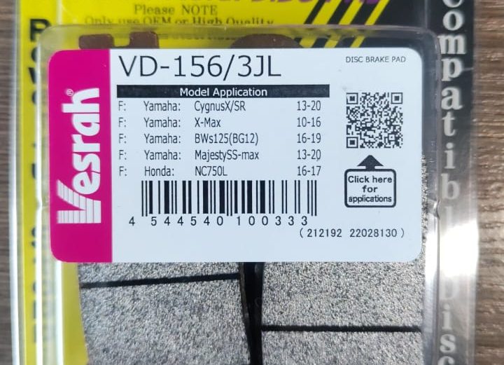 Колодки Передние/Задние Vesrah VD-156/3JL (Подходят для: HONDA Clubman, V Twin Magna, VTR 250, CB400SS, CB400, CL400, Steed 400, Shadow 600, CB750, GL1500, YAMAHA Cygnus Gryphus, Cygnus X, X-MAX, Majesty 125, Majesty 155, BWs125).