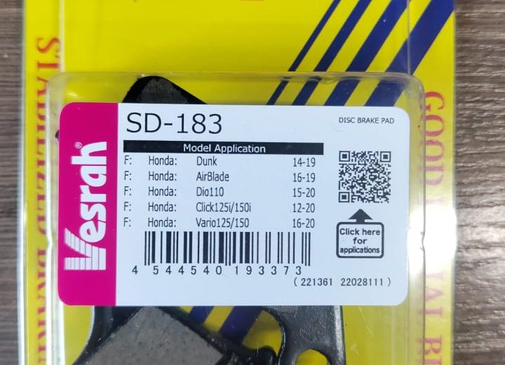 Колодки Передние Vesrah SD-183 (HONDA Dunk, Air Blade 110, Air Blade 125, ZOOMER-X, Super Cub 110, Dio 110, Click 125i, Lead 125, Activa 125, CLICK150).