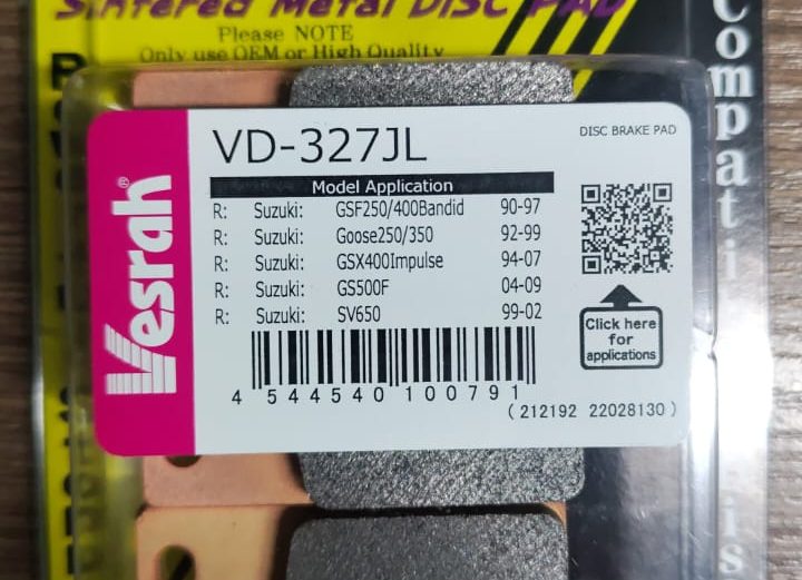 Колодки Передние/Задние Vesrah VD-327JL (SUZUKI GSF250, GSXR250, GSF400, GSX400, GSX-R400, SV400, GSF600, GSX600, SV650, GSF750, GSX750, GSX-R750, GSX1100, GSX-R1100, GSF1200, GSX1200, GSX1300R).